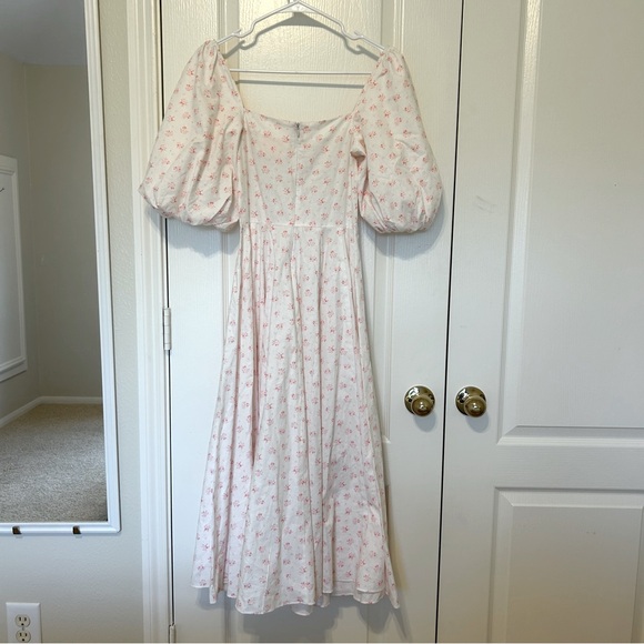 Selkie Parfait Poet Pink White Floral Midi Day Dress Puff Sleeves XXS - Picture 6 of 15